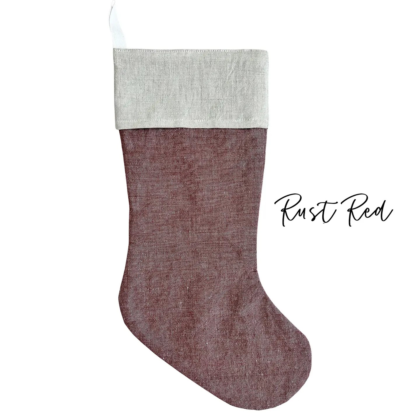 linen christmas stocking in rust red