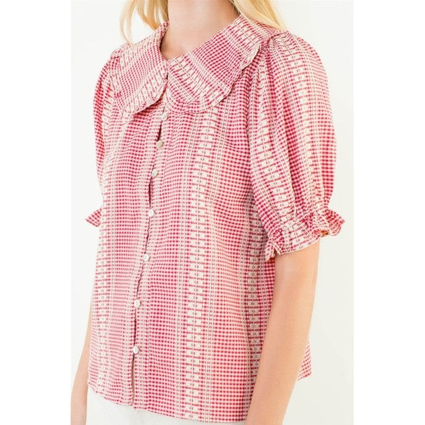 puff sleeve gingham blouse