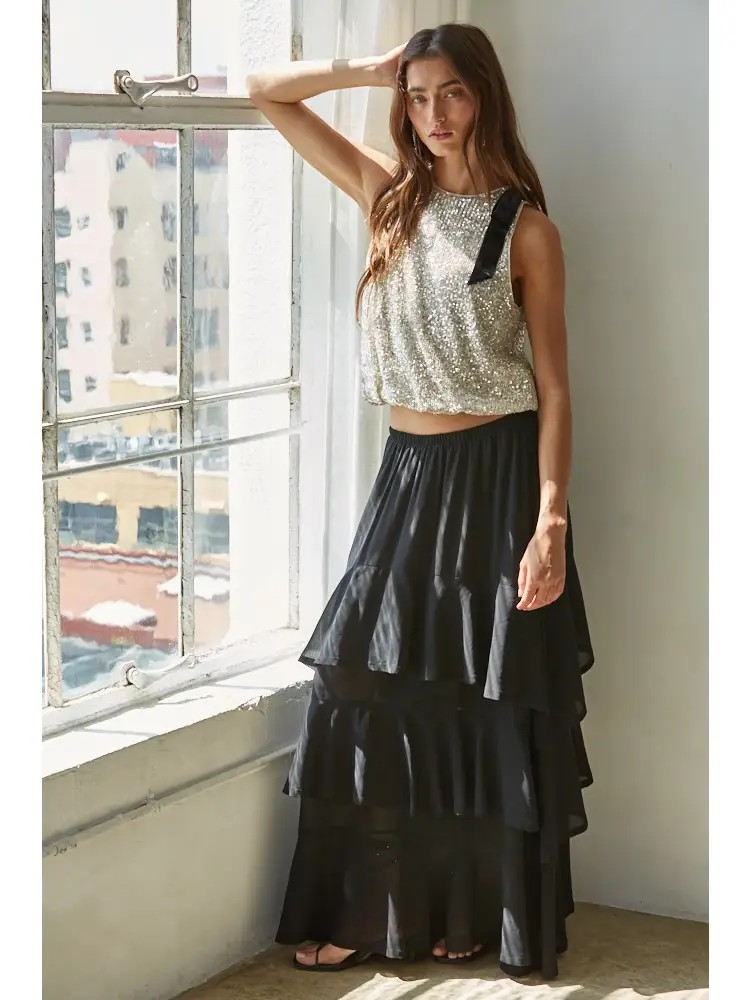 sequin sleeveless top with bow