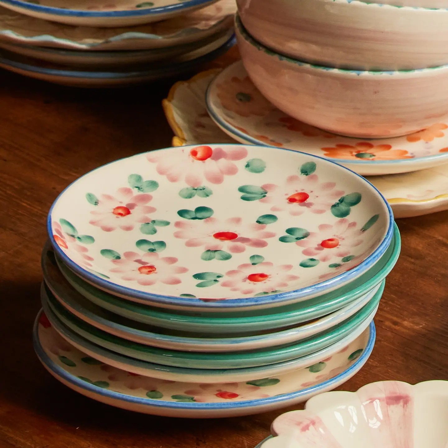hand-painted ceramic cake plate - pink flowers