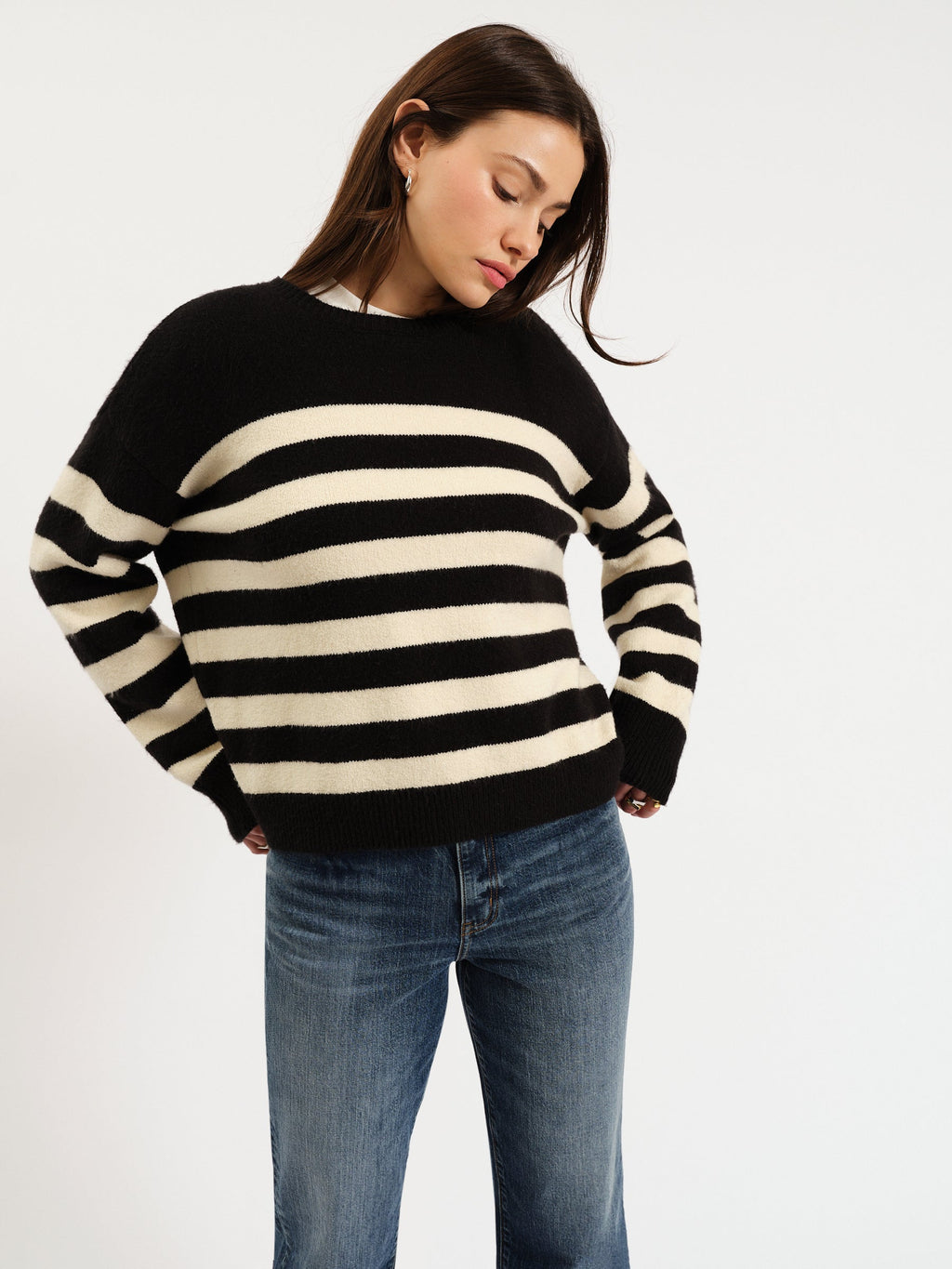 carlyle everyday crewneck sweater in black + ivory stripe