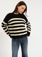 carlyle everyday crewneck sweater in black + ivory stripe