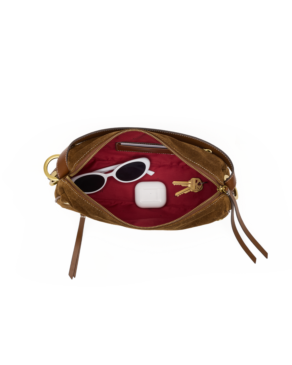 doxie medium in cinnamon suede & antique gold