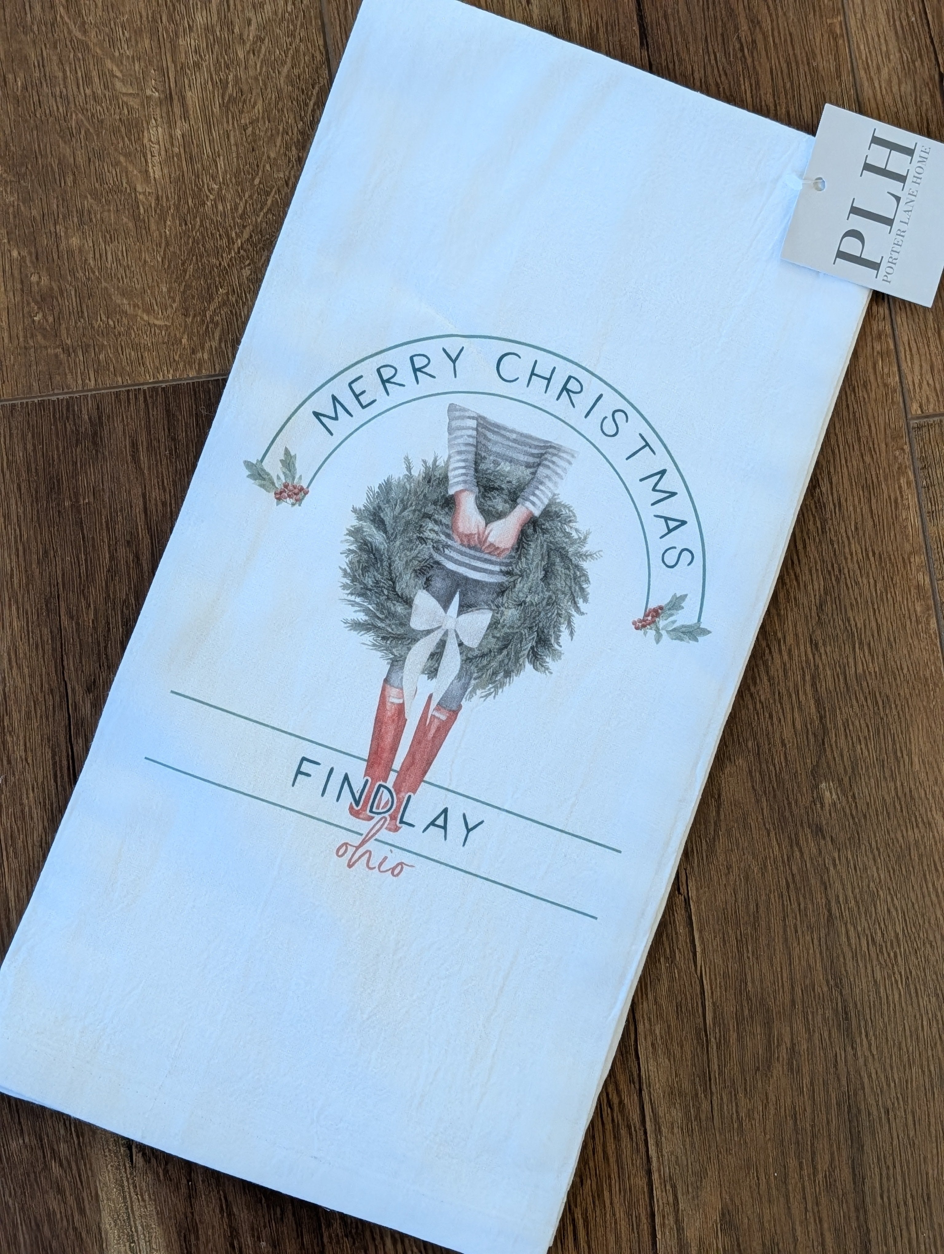 merry christmas wreath tea towel