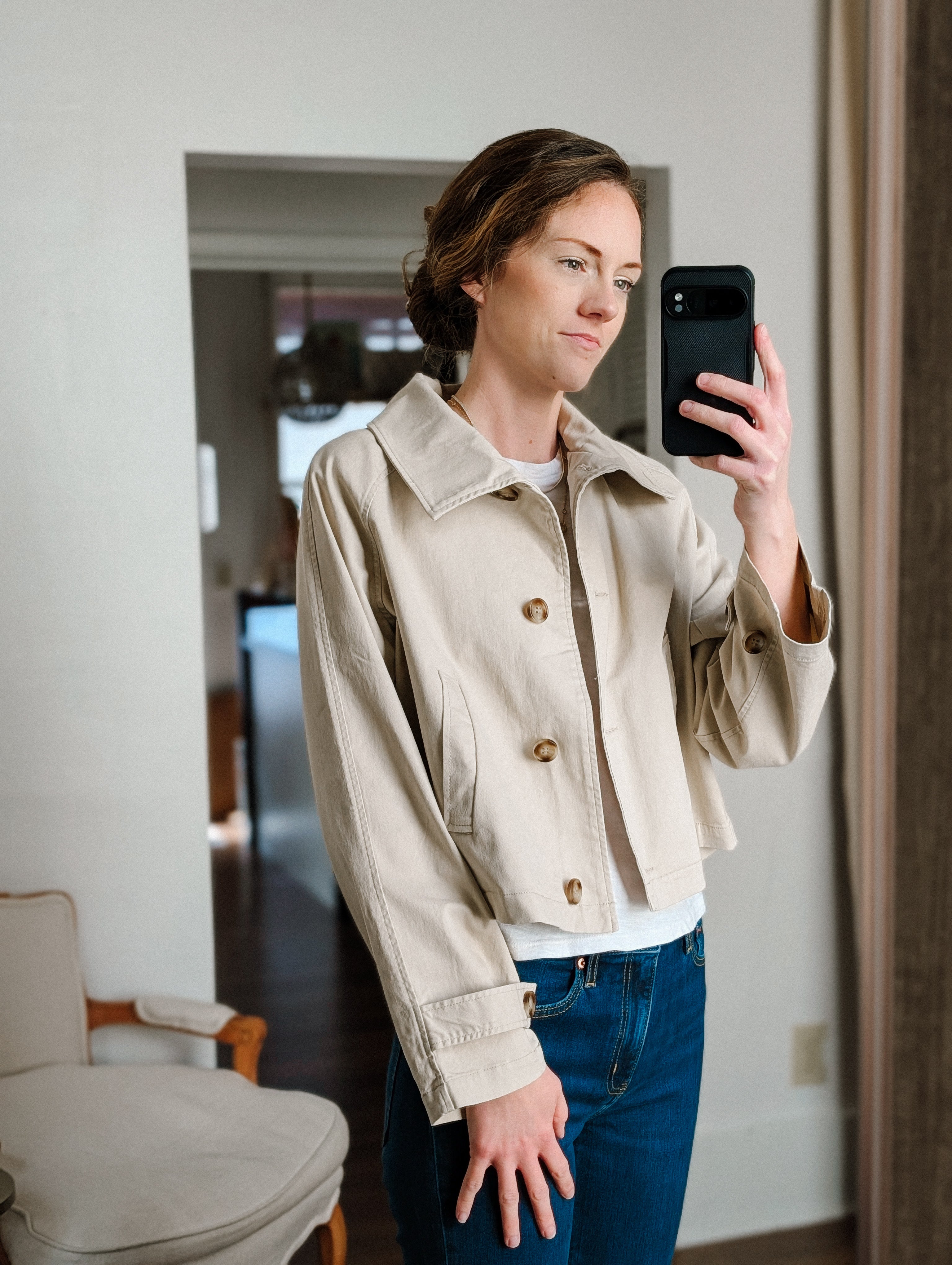 khaki cropped swing trench