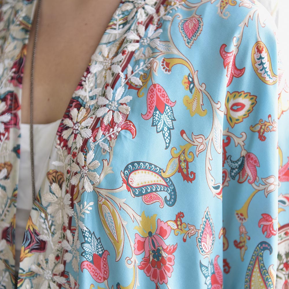 fishbone embroidered kaftan in turquoise + pink o/s