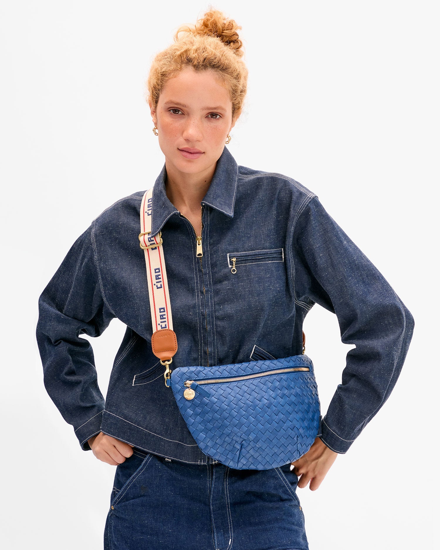 adjustable crossbody strap in cream + navy ciao poppy stripe