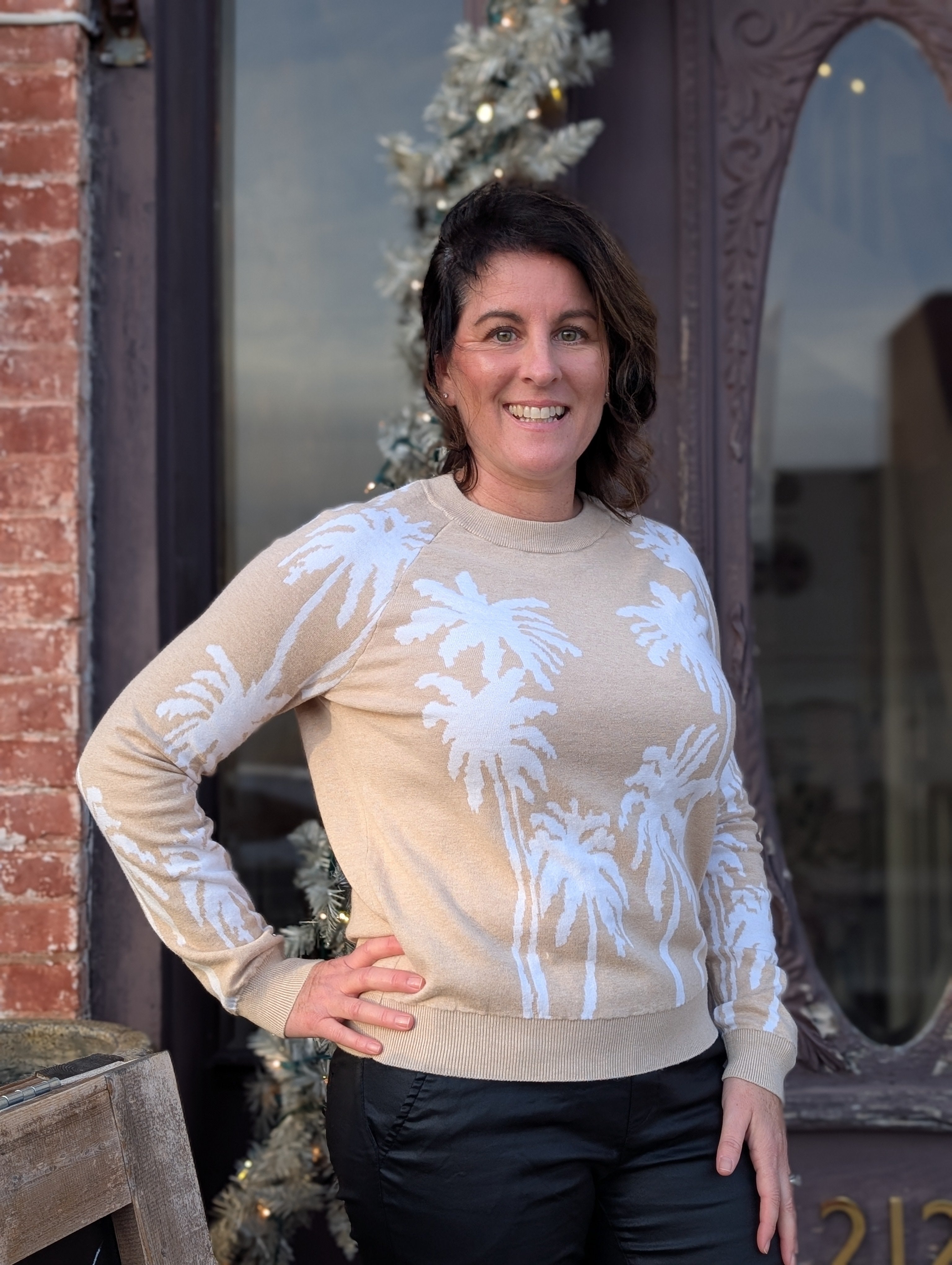 cotton cashmere palm tree reversible long sleeve crew