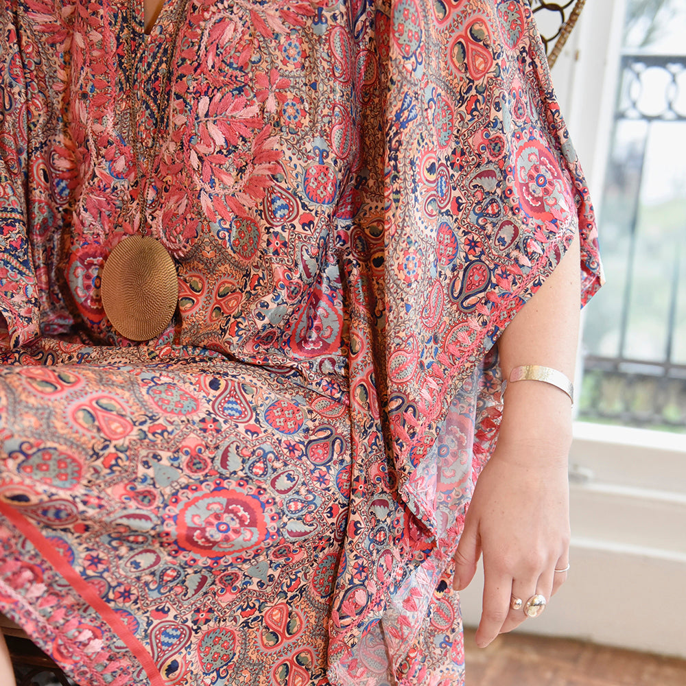 fishbone embroidery pink ombre kaftan o/s