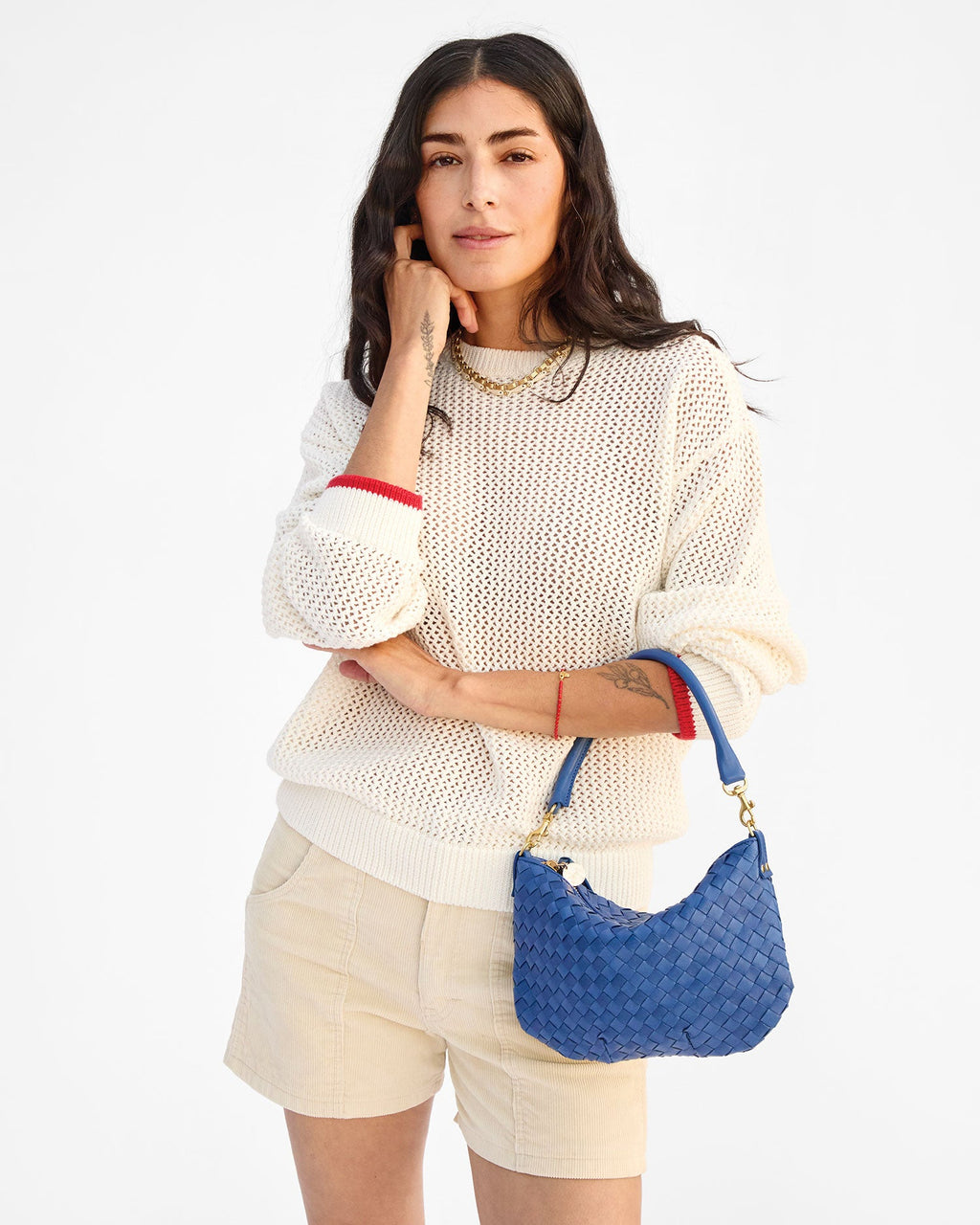 petit moyen messenger med woven diagonal french blue
