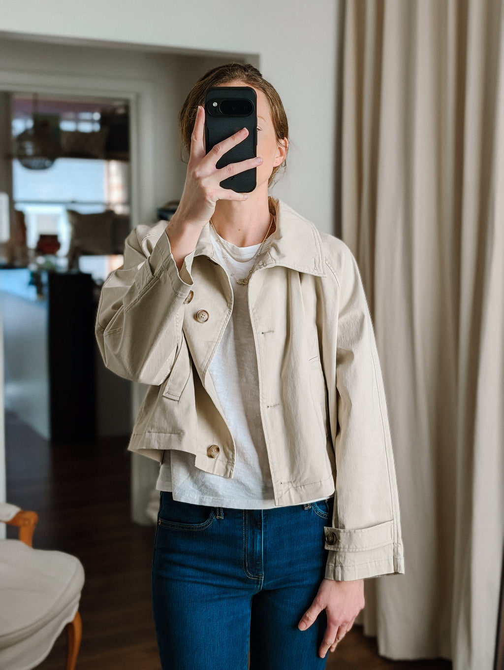khaki cropped swing trench