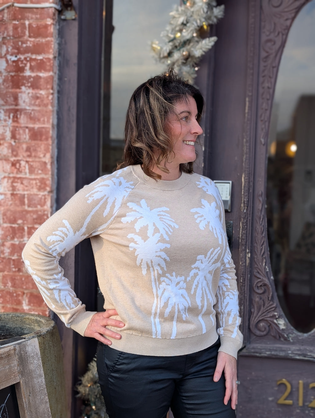 cotton cashmere palm tree reversible long sleeve crew