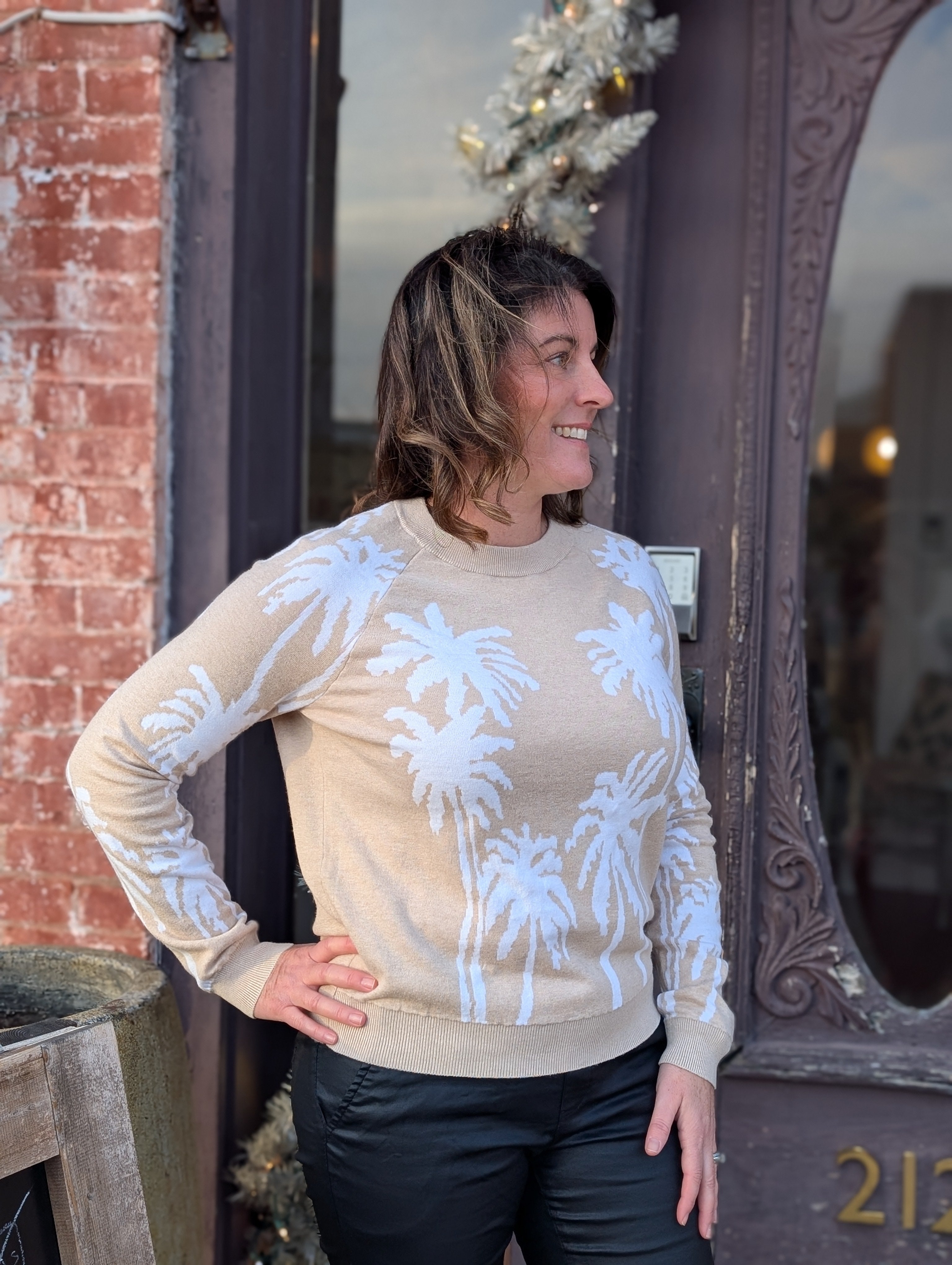 cotton cashmere palm tree reversible long sleeve crew