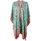 fishbone embroidered kaftan in turquoise + pink o/s