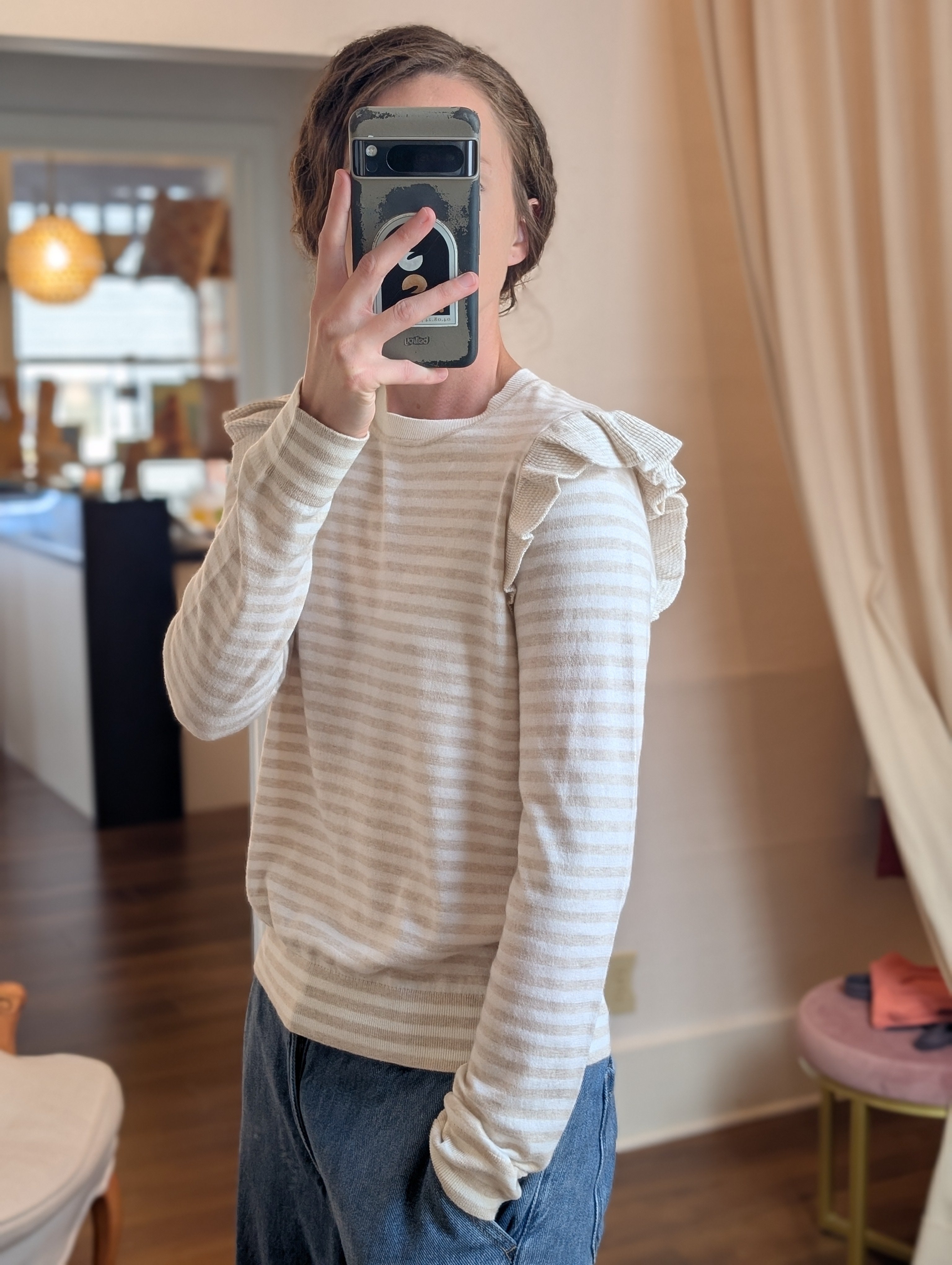 supima cotton cashmere striped crew with ruffle