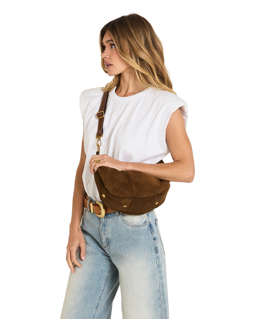 erica medium in cinnamon suede and antique gold