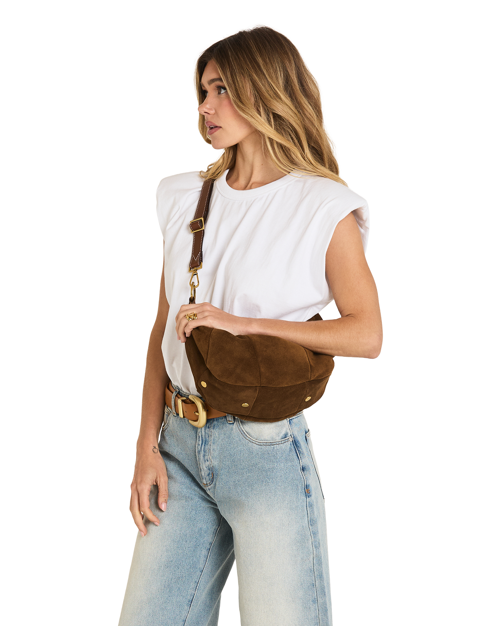 erica medium in cinnamon suede and antique gold
