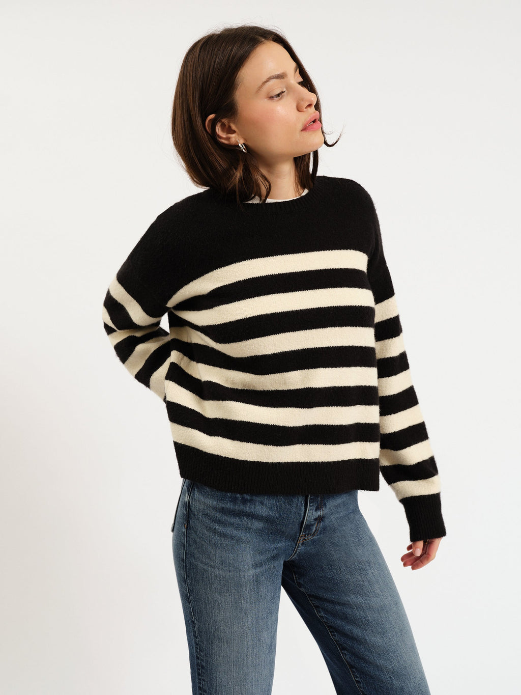 carlyle everyday crewneck sweater in black + ivory stripe