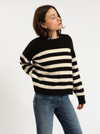 carlyle everyday crewneck sweater in black + ivory stripe