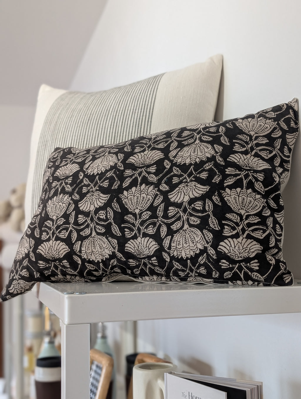 black floral block print lumbar pillow