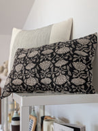 black floral block print lumbar pillow