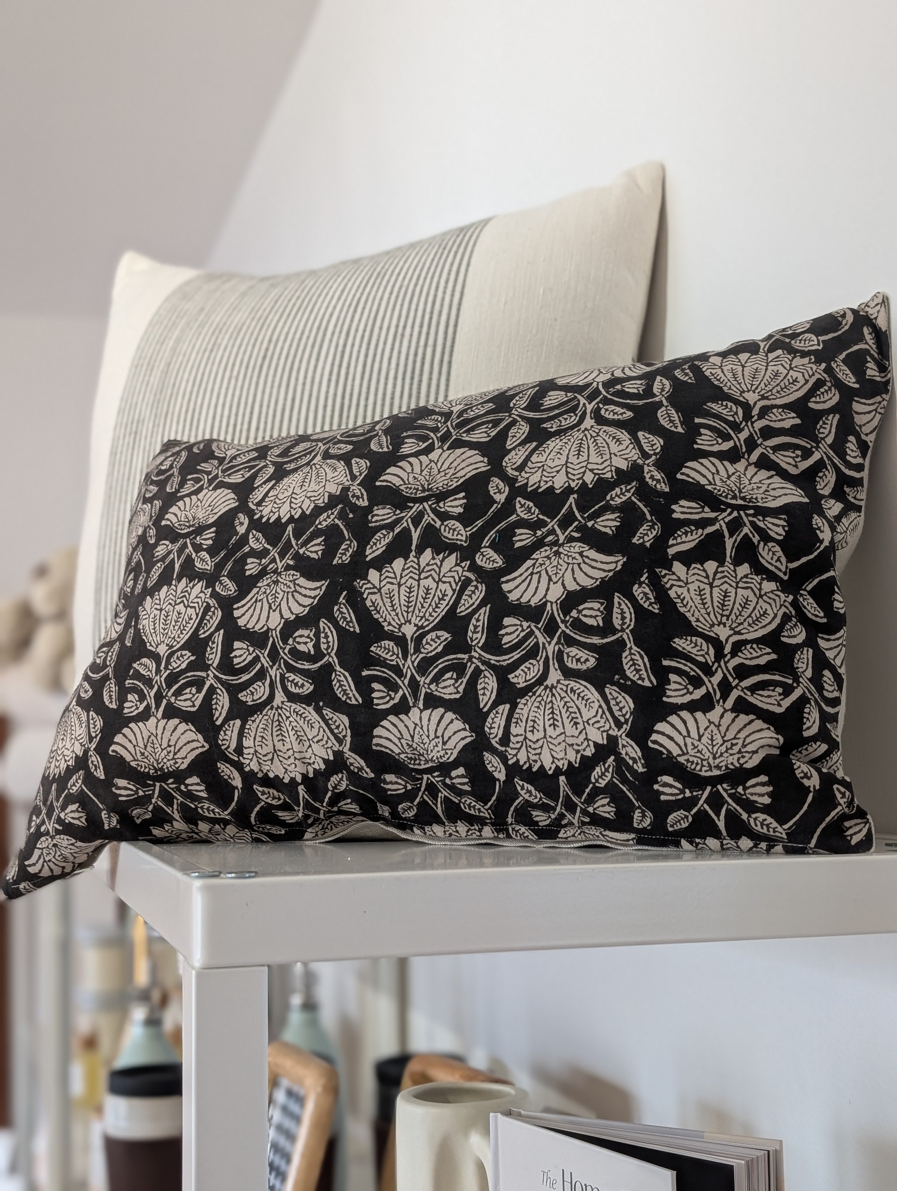 black floral block print lumbar pillow