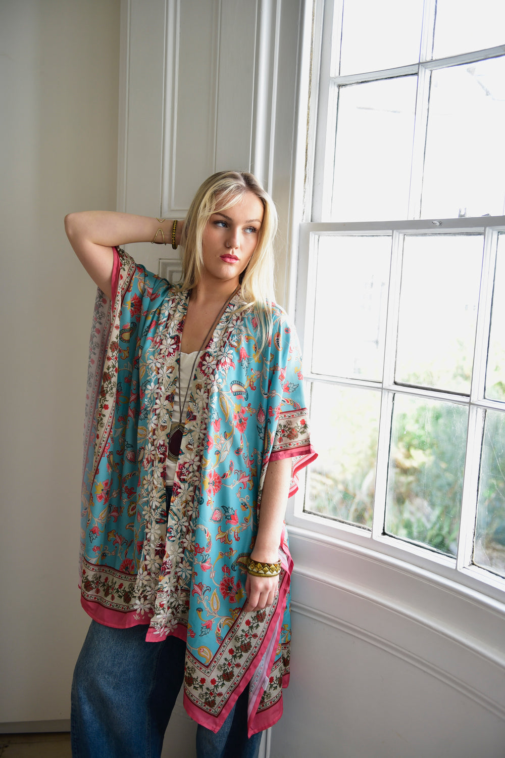 fishbone embroidered kaftan in turquoise + pink o/s