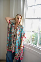 fishbone embroidered kaftan in turquoise + pink o/s