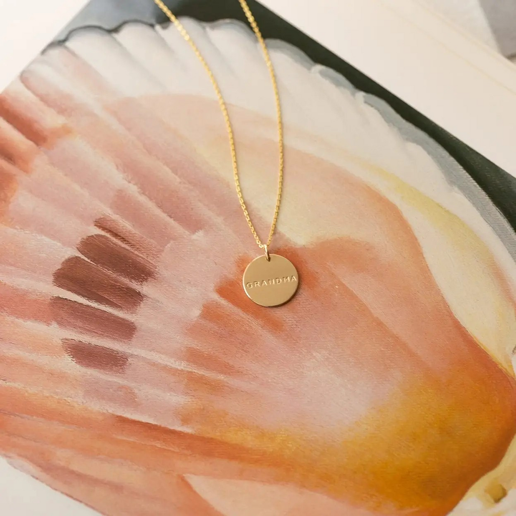gold filled disc pendant - grandma