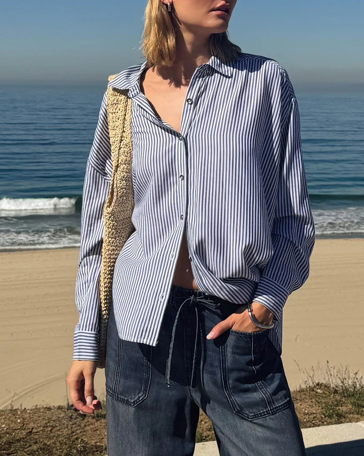 ella stripe button down in navy stripe