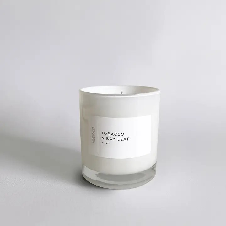 tobacco + bay leaf white tumbler candle